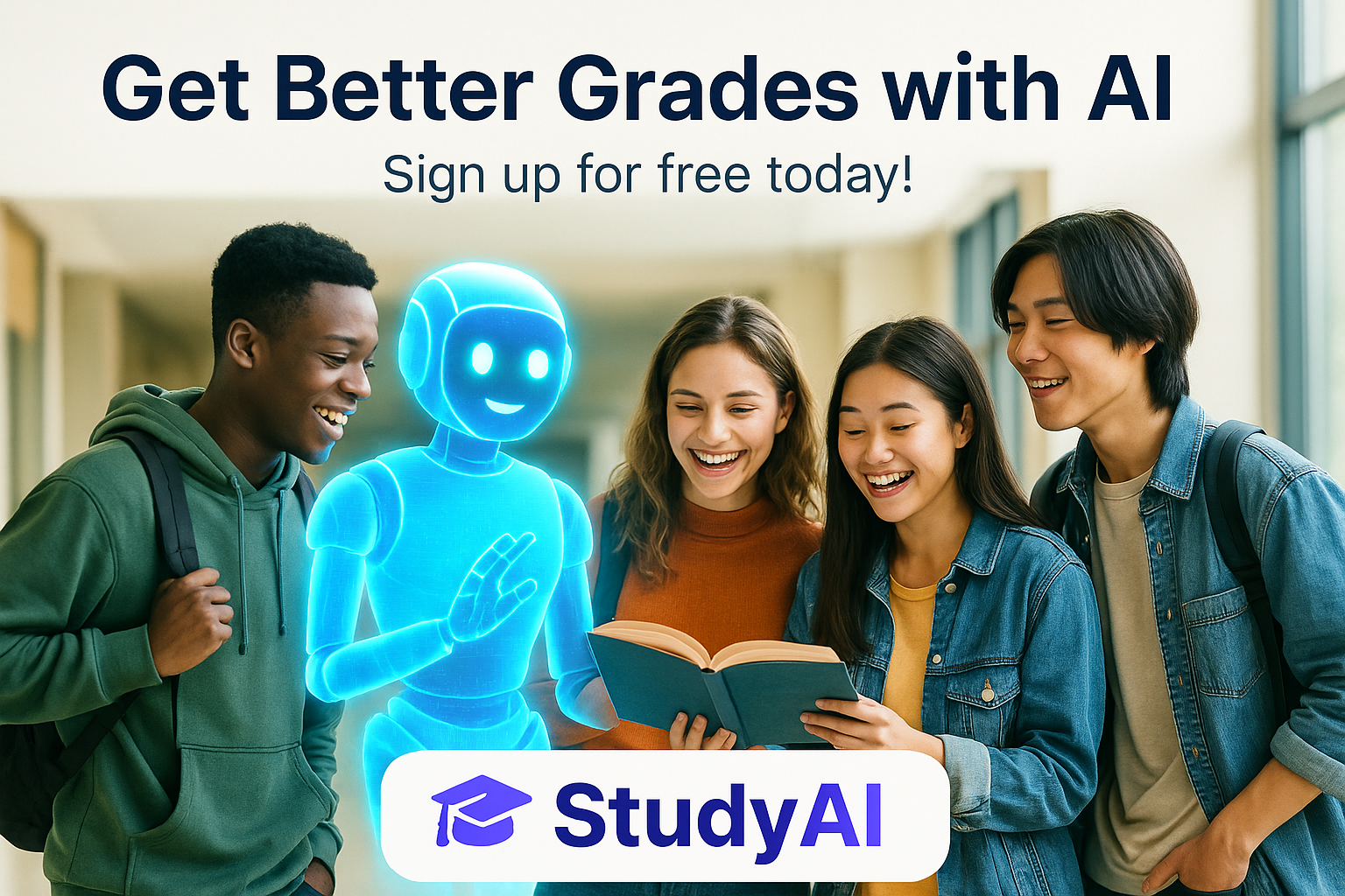 Get Better Grades with AI - diverse group of students learning together with AI tutor