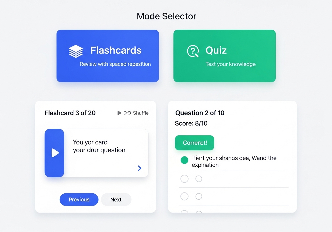Interactive flashcards and quiz interface for effective studying